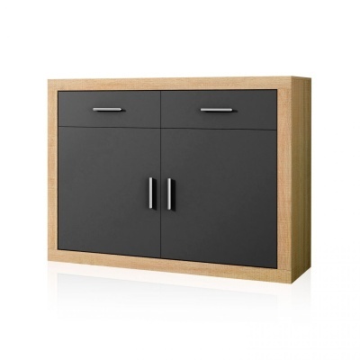 Armário de madeira com portas e gavetas pretas e estrutura carvalho claro