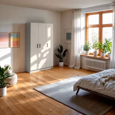 Quarto iluminado com roupeiro branco, cama, plantas e janelas de madeira