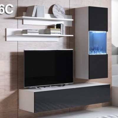 Móvel de sala moderno com prateleiras, gabinete iluminado e televisão