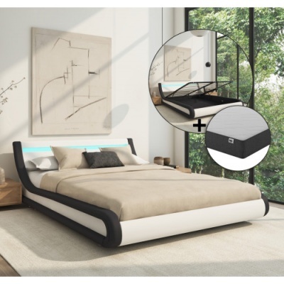 Cama moderna em pele sintética preta e branca com colchão cinza e luz LED azul