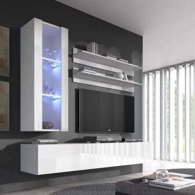 Móvel moderno branco para sala de estar com vitrina iluminada, prateleiras, suporte TV e móvel baixo