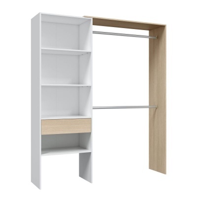Roupeiro modular branco com madeira clara, prateleiras, gaveta e barras metálicas