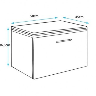 Desenho técnico de caixa retangular branca com tampa e pega horizontal, medidas indicadas