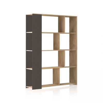 Estante de madeira com divisórias e painel lateral cinzento