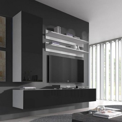 Móvel de sala suspenso preto e cinzento com televisão e prateleiras num ambiente moderno