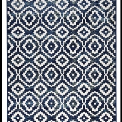 Tapete azul e branco com padrão geométrico de losangos e quadrados