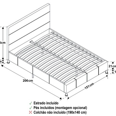 Desenho técnico de cama com medidas e características incluídas