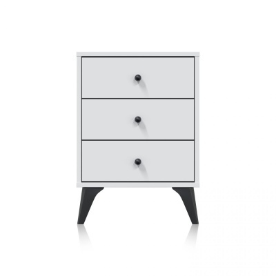 Cómoda branca com três gavetas e puxadores pretos sobre pernas pretas