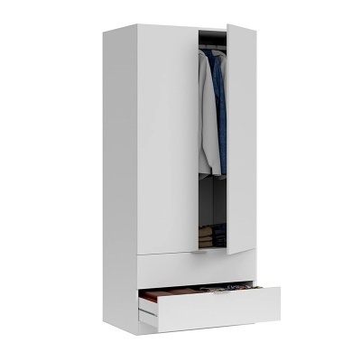 Guarda-roupa branco com portas e gaveta aberta