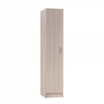 Armário alto estreito em madeira clara com porta e abertura inferior