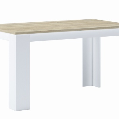 Mesa retangular com tampo em madeira clara e pernas brancas