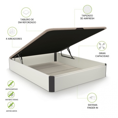 Cama com arrumação e painel superior revestido em tecido 3D Airfresh com indicações das suas características