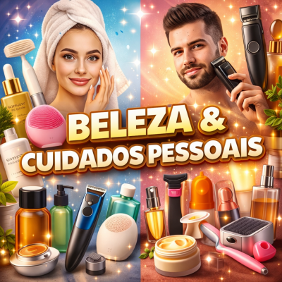 Mulher com toalha na cabeça e produtos de beleza e homem com barbeador elétrico e produtos de cuidados pessoais em fundo dividido azul e laranja