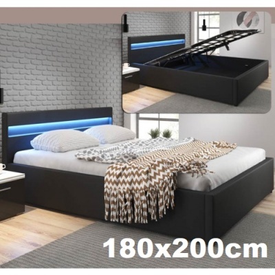 Cama de casal preta estofada com luz LED azul e roupa de cama branca, cobertor castanho e branco, texto 180x200cm