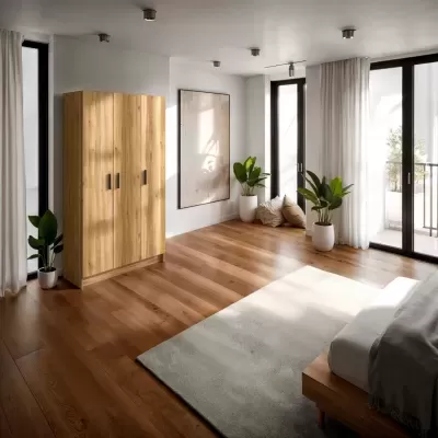 Quarto moderno com piso de madeira, armário de madeira claro e plantas em vasos brancos