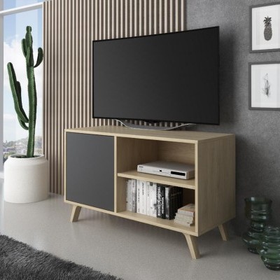 Móvel para TV em madeira clara e cinza com decoração moderna e televisão na parede