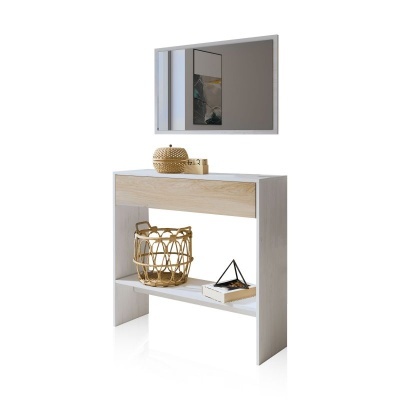 Consola branca com gaveta de madeira clara, cesta de vime, caixa, objeto decorativo triangular e espelho rectangular