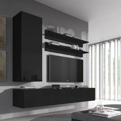 Móvel de parede preto suspenso em sala moderna com janelas grandes e cortinas claras