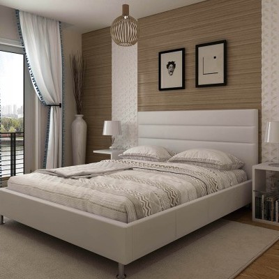 Quarto moderno com cama de casal branca e decoração minimalista