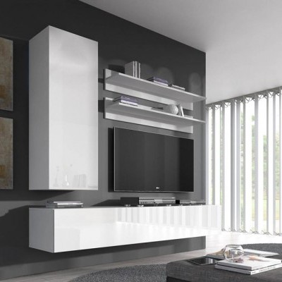 Móveis suspensos brancos brilhantes para sala com prateleiras e armário, parede cinza, janela com cortinas verticais