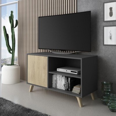 Móvel de TV moderno com prateleiras e porta, livros, televisão, decoração com cactos e quadros num quarto minimalista