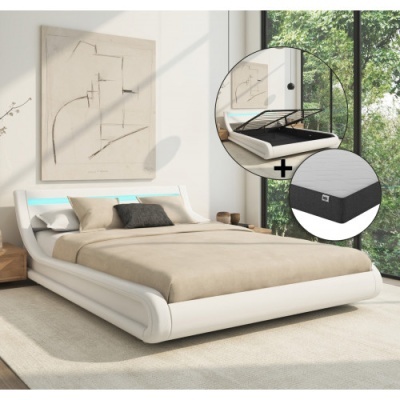 Cama moderna branca com iluminação azul e colchão cinzento e bege num quarto luminoso