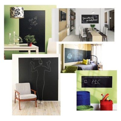 Paredes com pintura de ardósia preta em decoração interior com desenhos, escrita e elementos decorativos.