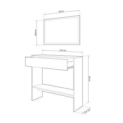 Desenho técnico de mesa com gaveta aberta e prateleira, com medidas