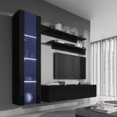 Móvel de sala preto com armário de vidro azul iluminado, prateleiras, televisão e equipamentos audiovisuais