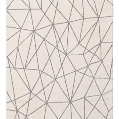 Tapete branco com padrões geométricos em linhas cinza.