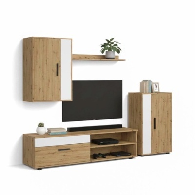 Conjunto de móveis para sala em madeira clara com detalhes brancos e elementos decorativos