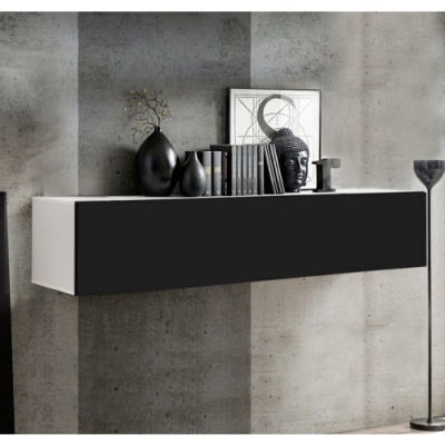 Móvel de parede suspenso branco e preto com decoração abstrata e ambiente minimalista