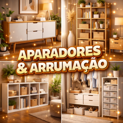 Móveis de aparadores e arrumação em madeira clara e branco em ambientes domésticos organizados.