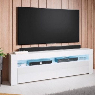 Móvel branco para televisão com dispositivos eletrónicos e televisão preta na parede