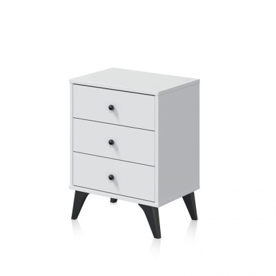 Móvel de apoio com três gavetas brancas e pernas pretas