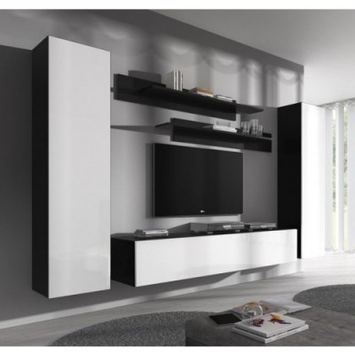 Móvel de televisão moderno preto e branco com televisão montada e prateleiras com livros