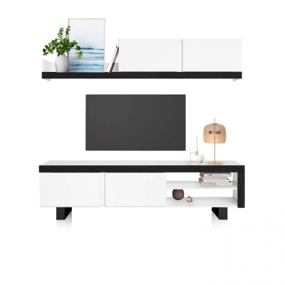 Conjunto de móveis preto e branco para sala com prateleira, armário de parede e móvel de TV com decoração.