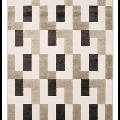Tapete rectangular com padrão geométrico em tons de cinza, bege e preto