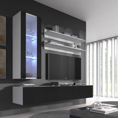 Móvel de parede moderno com armário de vidro iluminado, prateleiras e televisão