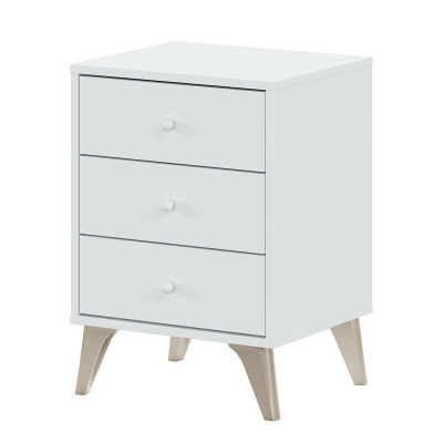 Cómoda branca de três gavetas com pernas em madeira clara