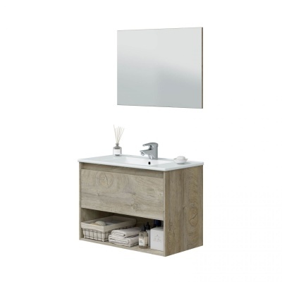 Móvel de lavatório em madeira clara com gaveta, prateleira e espelho retangular