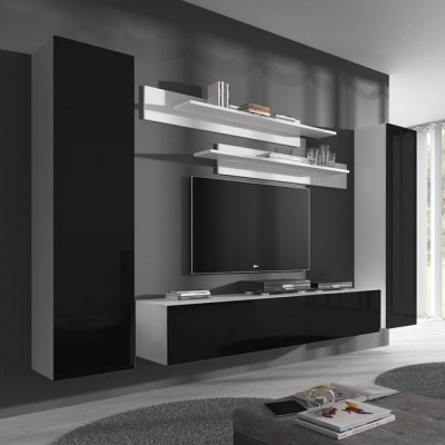 Móvel de sala de estar preto brilhante com prateleiras brancas e televisão