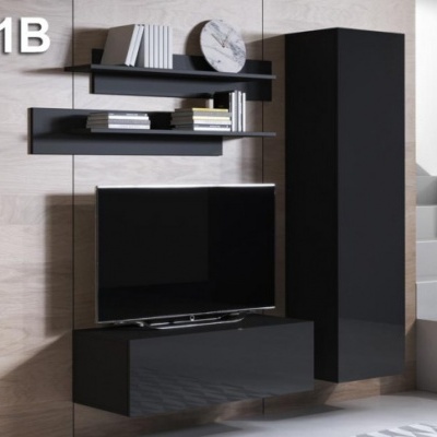 Móvel modular preto para sala com televisão e prateleiras suspensas