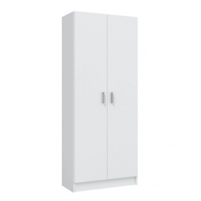 Armário branco de duas portas com puxadores cinza