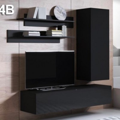 Móveis de sala pretos montados numa parede clara com livros e televisão