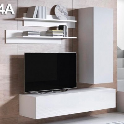Conjunto móvel branco para sala com prateleiras e armário montado na parede e TV