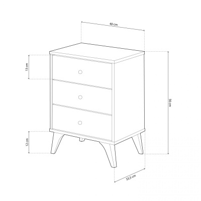 Armário de madeira com três gavetas e pernas, em desenho técnico com medidas