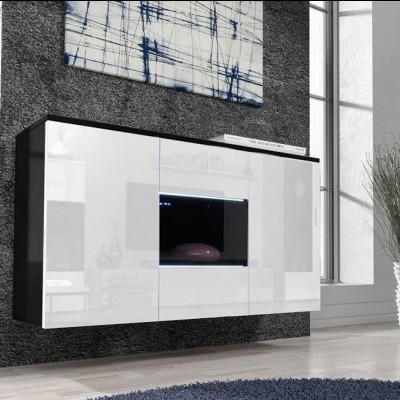 Móvel de parede suspenso preto e branco com portas lacadas e espaço central aberto