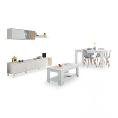 Conjunto de mobiliário moderno branco com detalhes em madeira e cadeiras cinza