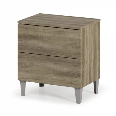 Mesa de cabeceira castanha com duas gavetas e pés cinzentos